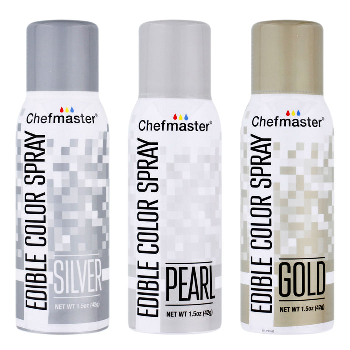 Chefmaster Edible Spray Color Metallic Theme 3-Pack - 1.5 ounce Cans (Gold, Silver, Pearl)