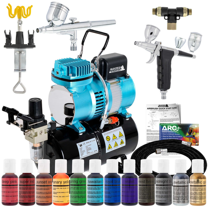 Cake Decorating Airbrushing System Kit with 12 Color Food Coloring Set - G22 Gravity Feed, G76 Trigger Airbrush, Air Tank Compressor, Guide Booklet