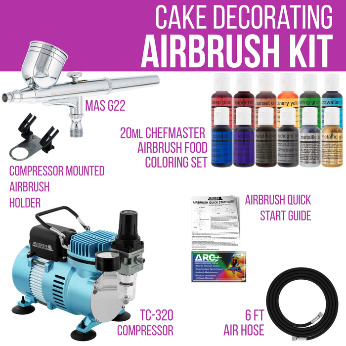 Master Airbrush Cake Decorating Airbrushing System Kit with a Set of 4  Chefmaster Food Colors, Gravity Feed Dual-Action Airbrush, Air Compressor
