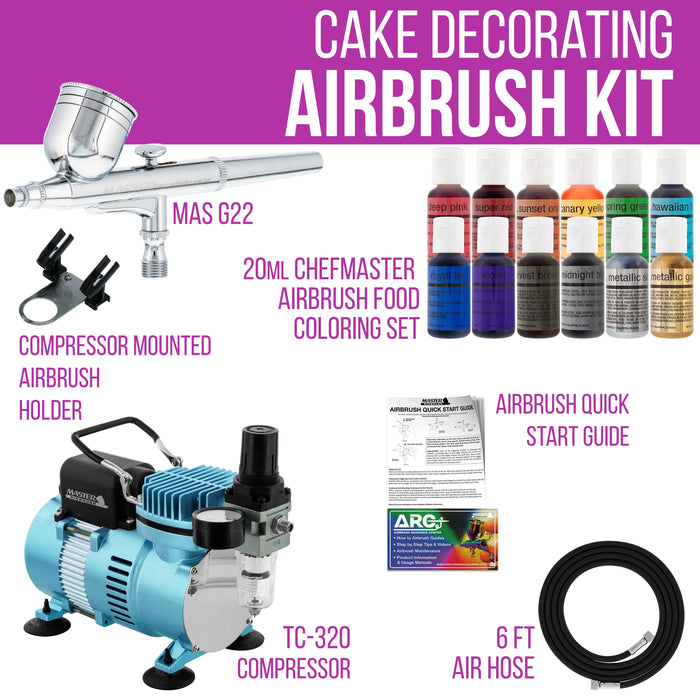 Cake Decorating Airbrushing System Kit with a 12 Color Chefmaster Food Coloring Set - G22 Gravity Feed Airbrush, Air Compressor, Guide Booklet