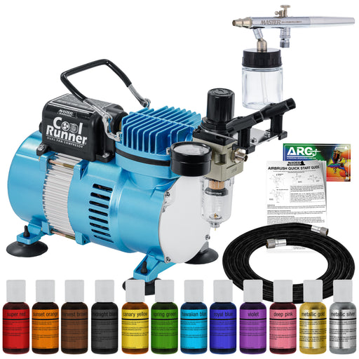 Master Airbrush Cake Airbrush Decorating Kit with Siphon Air Brush, Cool Runner II Dual Fan Air Compressor, 12 Edible Chefmaster Food Colors, Hose