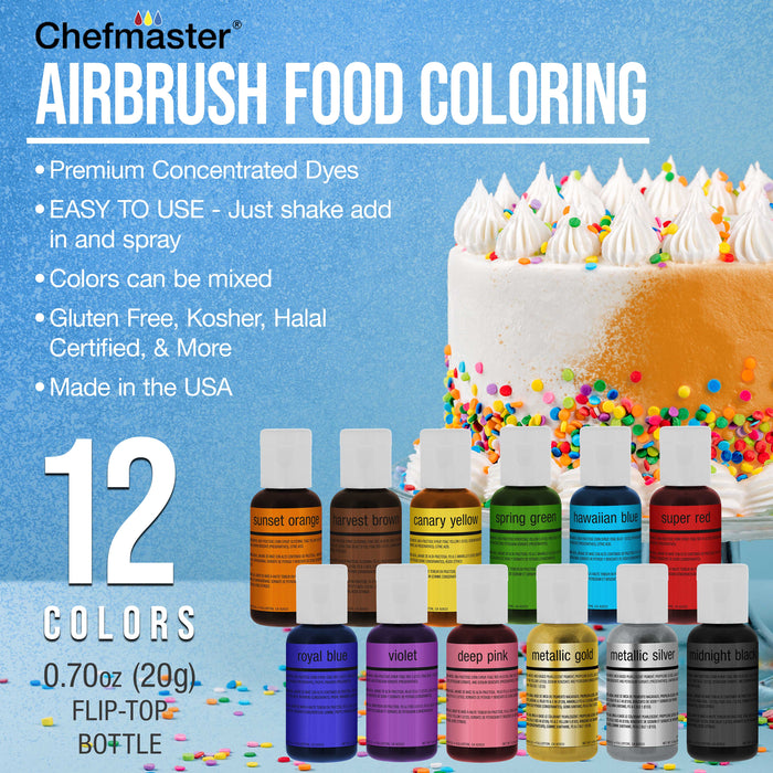 Master Airbrush Cake Decorating Airbrush Kit with Compressor, 12 Color Chefmaster Food Coloring Set, Gravity Feed Dual-Action Air Brush & How-To Manual - Cake Airbrush Kit for Cupcakes, Cookies
