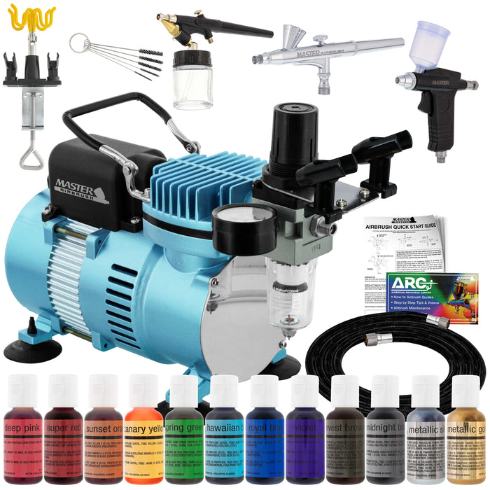 Cool Runner II Dual Fan Air Compressor Pro Cake Decorating System Kit with 3 Airbrushes, 12 Color Food Coloring Set - How-To Guide
