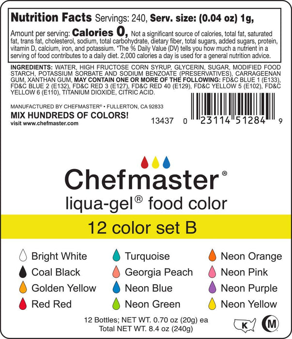 Liqua-Gel Food Coloring - 12 Color Set B - Fade Resistant Food Coloring, 12 Pack - Vibrant, Eye-Catching Colors, Easy-To-Blend Formula, Fade-Resistant