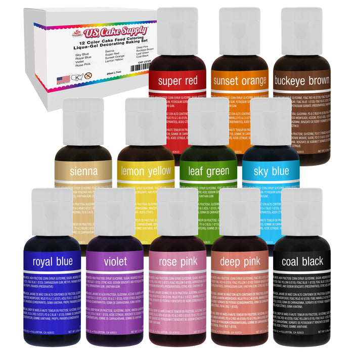 US Cake Supply by Chefmaster Liqua-Gel Cake Color Set - 12 of the Most Popular Colors in 0.7 fl. oz. (20ml) Bottles