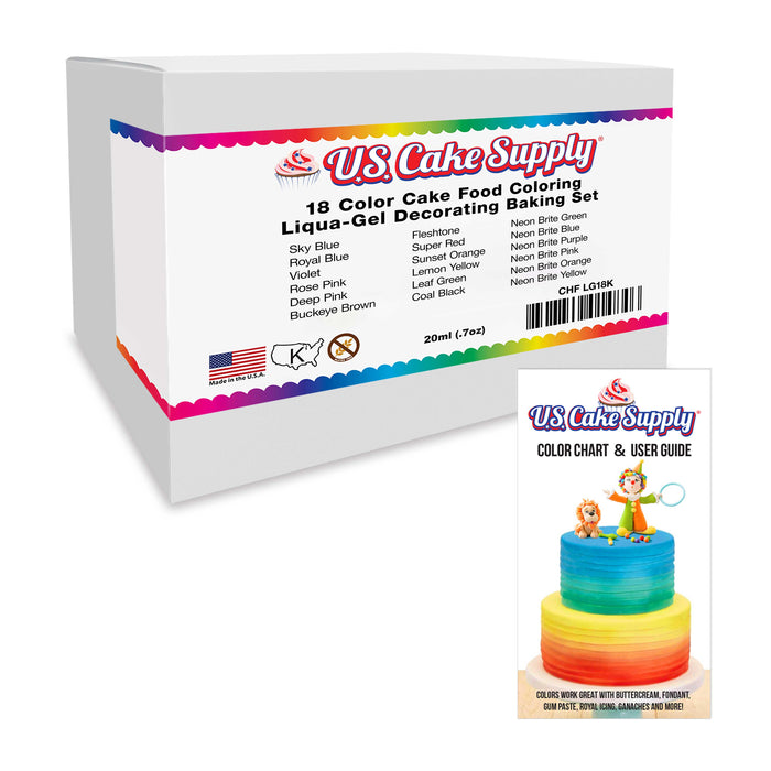 18 Color Cake Food Coloring Liqua-Gel Decorating Baking Set - 12-Primary & 6-Neon Colors U.S. Cake Supply 0.75 fl. oz. (20ml) Bottles - Made in U.S.A.