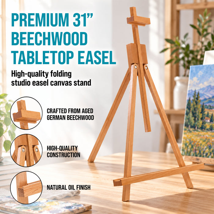 31" High Wood Studio Tabletop Easel - Adjustable Artist Tripod, Holds Up to 27" Canvas, Folding A-Frame Artist Display Stand - Table Top Easel for Painting