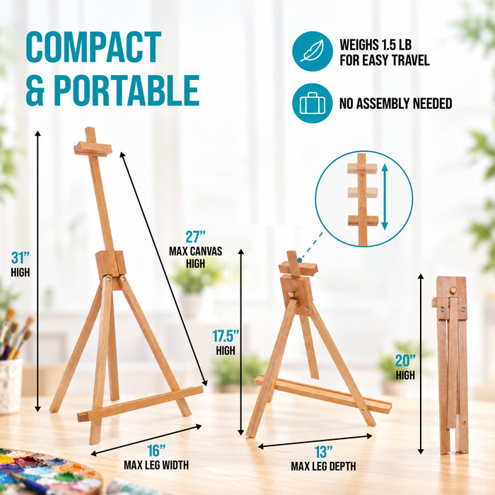 31" High Wood Studio Tabletop Easel - Adjustable Artist Tripod, Holds Up to 27" Canvas, Folding A-Frame Artist Display Stand - Table Top Easel for Painting
