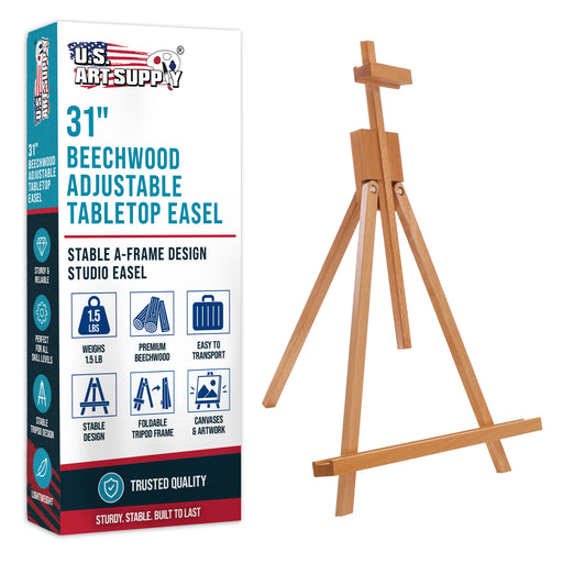 31" High Wood Studio Tabletop Easel - Adjustable Artist Tripod, Holds Up to 27" Canvas, Folding A-Frame Artist Display Stand - Table Top Easel for Painting