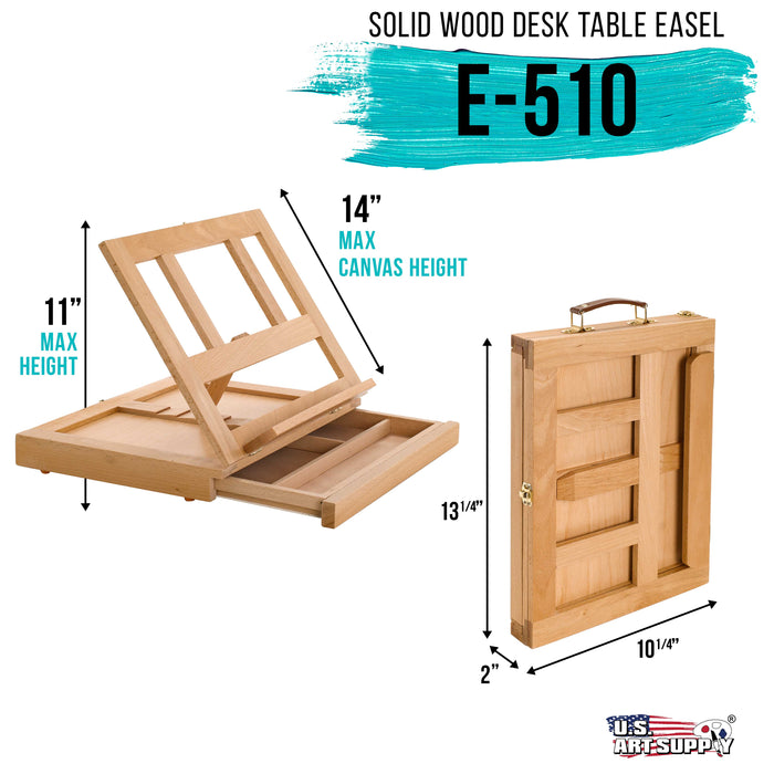 Solana Adjustable Wood Desk Table Easel with Storage Drawer, Paint Palette, Premium Beechwood - Portable Wooden Artist Desktop, Board for Canvas